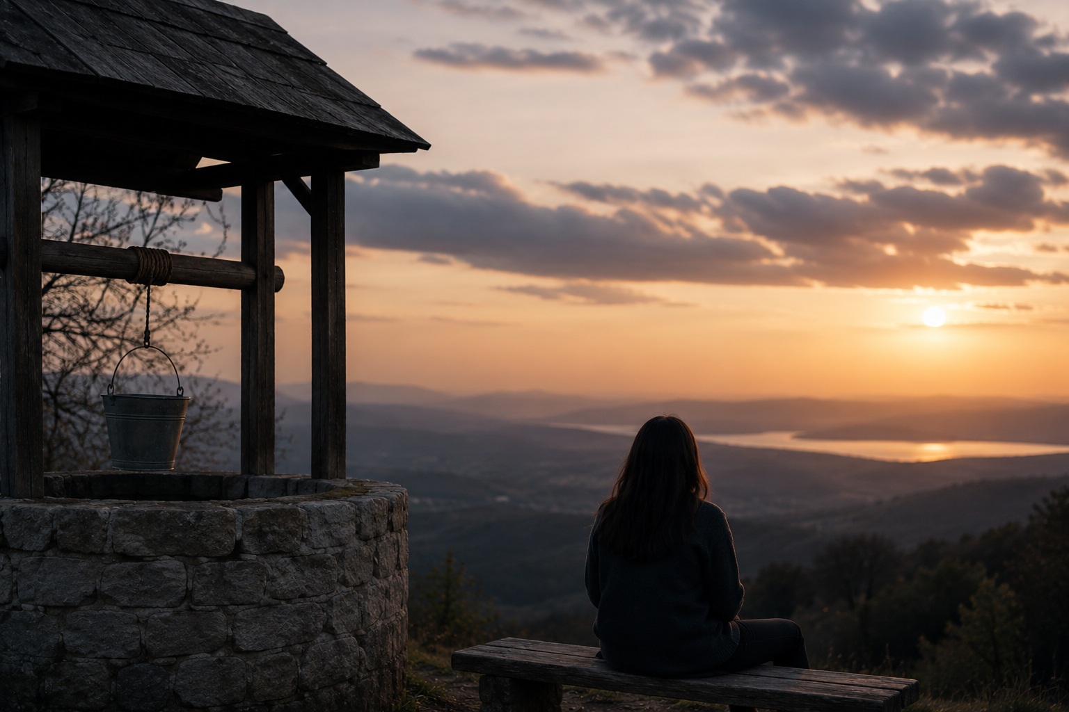 Woman sitting beside a stone well overlooking a quiet landscape at sunset
