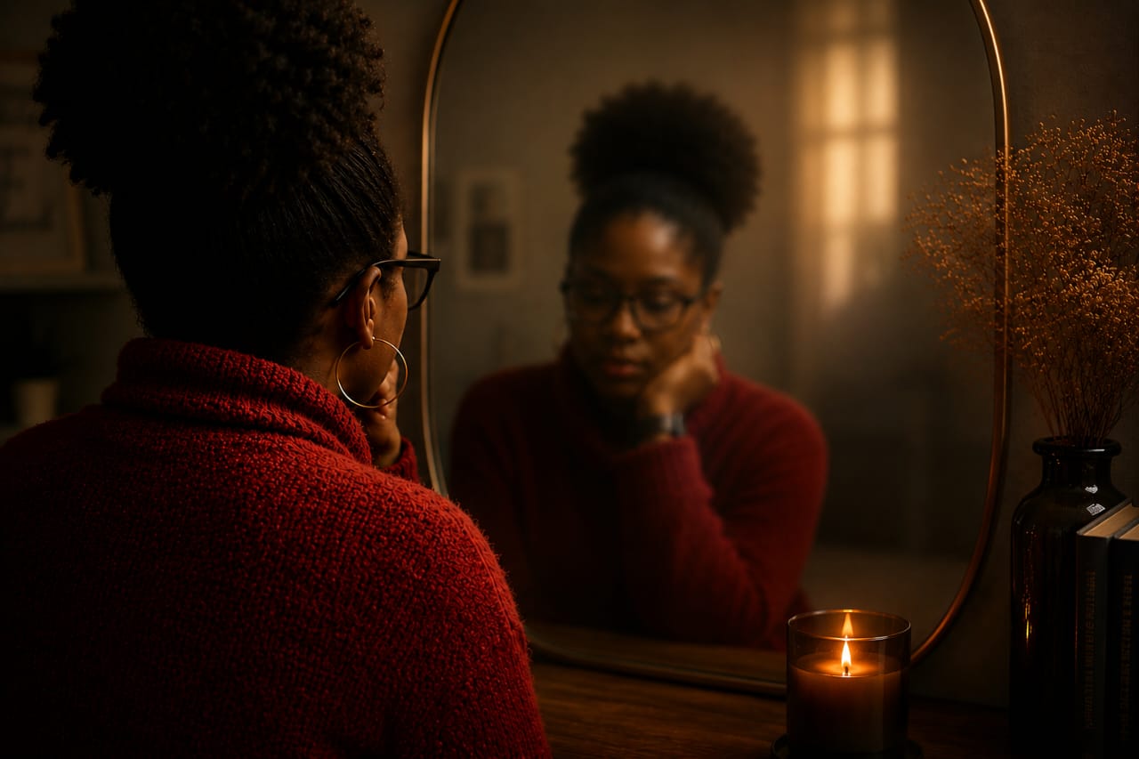 Woman sitting before a mirror in reflection, symbolising self-understanding, growth, and the perspective that comes with time.