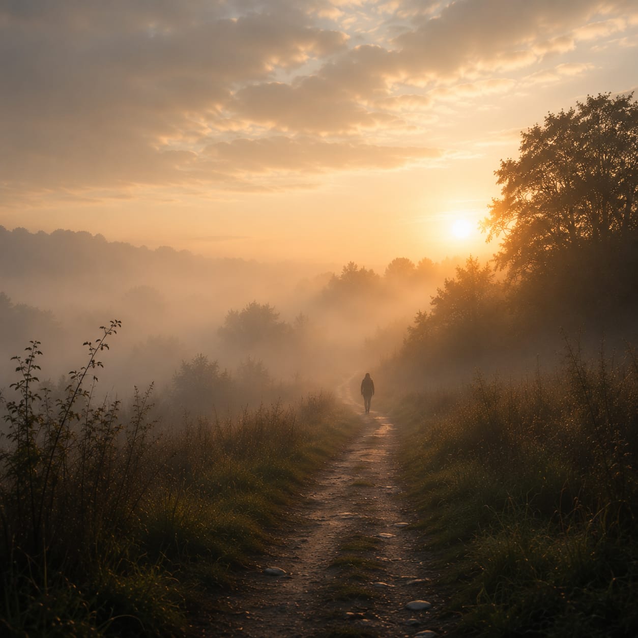 A solitary figure walks along a winding path through a misty landscape at sunrise, symbolising faith, hope and perseverance during seasons of waiting