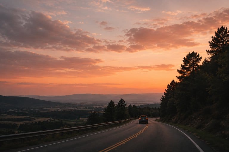 A car travelling along a winding road at sunset, representing the uncertainty and changing expectations of adulthood.